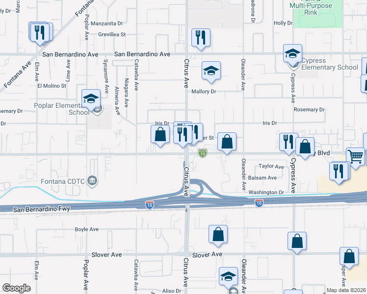 map of restaurants, bars, coffee shops, grocery stores, and more near 16090 Valley Boulevard in Fontana