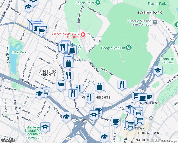 map of restaurants, bars, coffee shops, grocery stores, and more near 1040 White Knoll Drive in Los Angeles