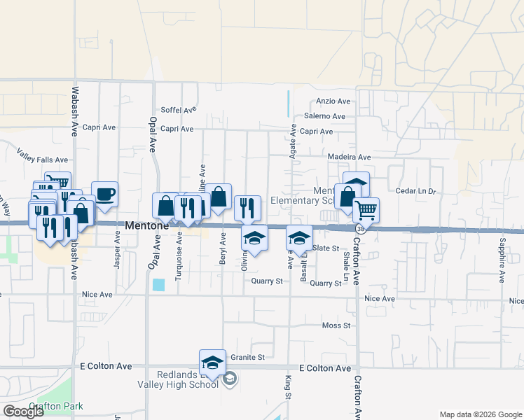 map of restaurants, bars, coffee shops, grocery stores, and more near 1321 Malachite Avenue in Mentone