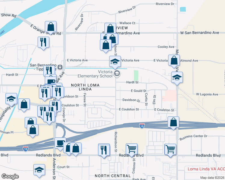 map of restaurants, bars, coffee shops, grocery stores, and more near 1569 Gould Street in San Bernardino