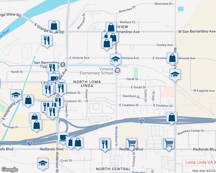 map of restaurants, bars, coffee shops, grocery stores, and more near 1569 Gould Street in San Bernardino