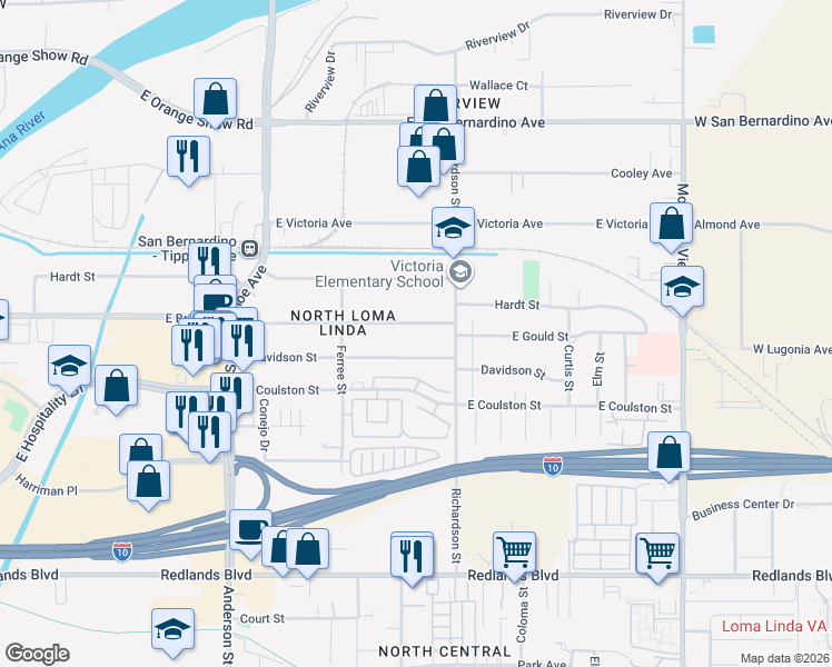 map of restaurants, bars, coffee shops, grocery stores, and more near 1569 Gould Street in San Bernardino