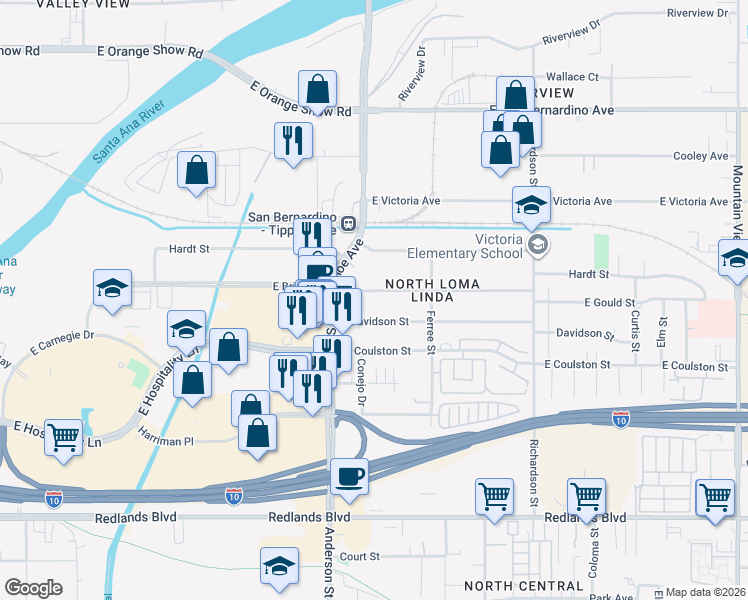 map of restaurants, bars, coffee shops, grocery stores, and more near 1215 Gould Street in San Bernardino