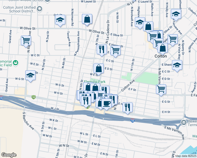 map of restaurants, bars, coffee shops, grocery stores, and more near 136 West E Street in Colton