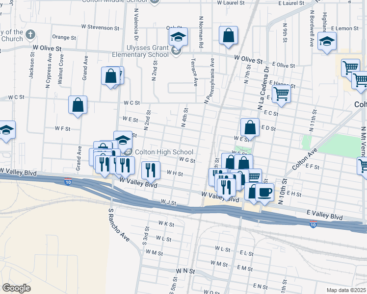 map of restaurants, bars, coffee shops, grocery stores, and more near 489 North 4th Street in Colton