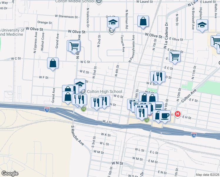 map of restaurants, bars, coffee shops, grocery stores, and more near 489 North 4th Street in Colton