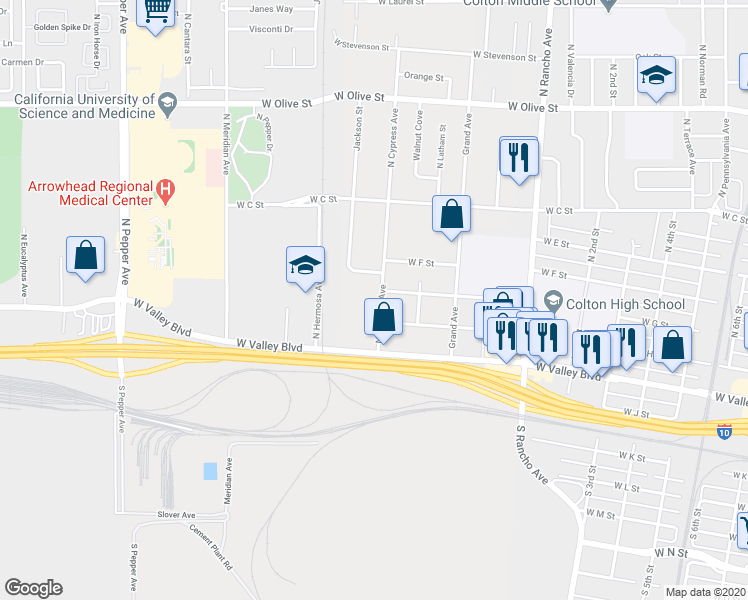 map of restaurants, bars, coffee shops, grocery stores, and more near 395 North Cypress Avenue in Colton