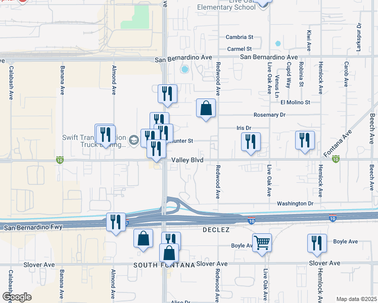 map of restaurants, bars, coffee shops, grocery stores, and more near 14576 Valley Boulevard in Fontana