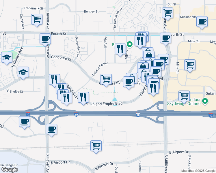 map of restaurants, bars, coffee shops, grocery stores, and more near 4200 Concours Street in Ontario