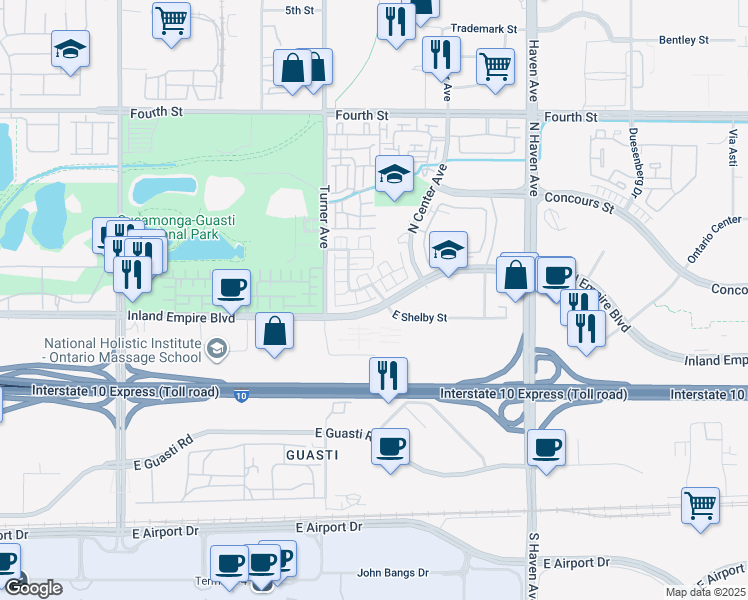map of restaurants, bars, coffee shops, grocery stores, and more near 3221 Inland Empire Boulevard in Ontario