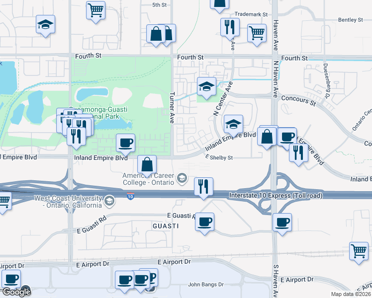 map of restaurants, bars, coffee shops, grocery stores, and more near 3132 Triumph Lane in Ontario