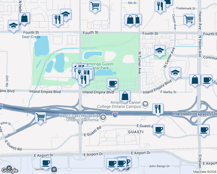 map of restaurants, bars, coffee shops, grocery stores, and more near 2886 East Via Fiano in Ontario