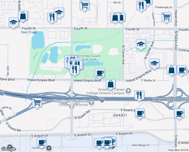 map of restaurants, bars, coffee shops, grocery stores, and more near 2886 East Via Fiano in Ontario