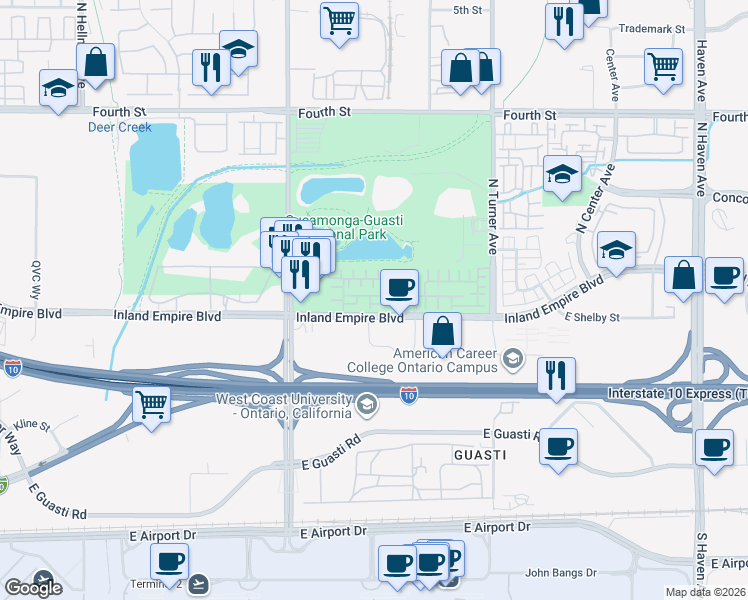 map of restaurants, bars, coffee shops, grocery stores, and more near 2886 East Via Fiano in Ontario