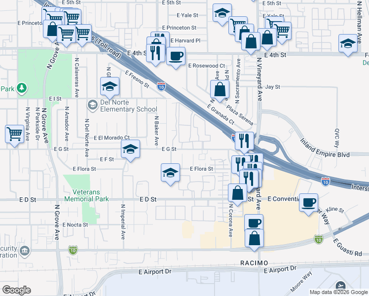 map of restaurants, bars, coffee shops, grocery stores, and more near 1639 East G Street in Ontario