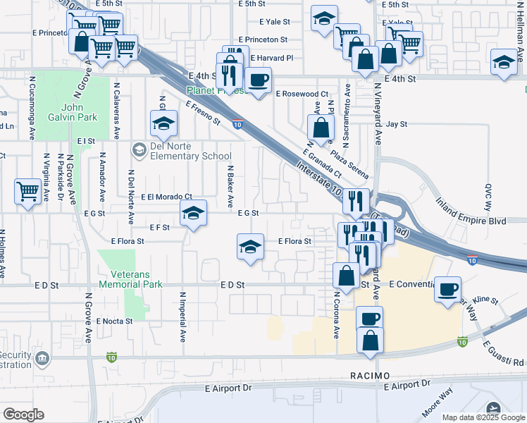 map of restaurants, bars, coffee shops, grocery stores, and more near 1639 East G Street in Ontario