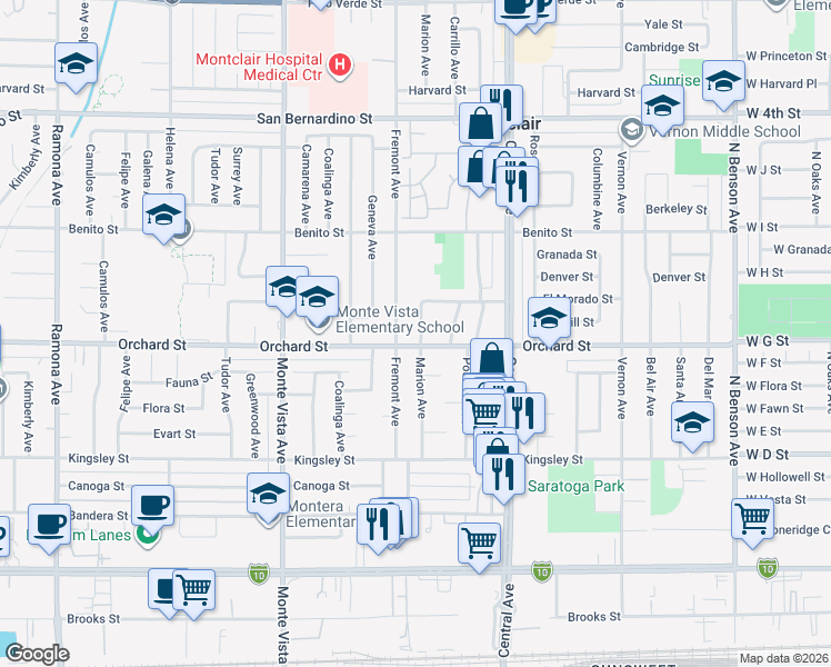 map of restaurants, bars, coffee shops, grocery stores, and more near 10066 Marion Avenue in Montclair