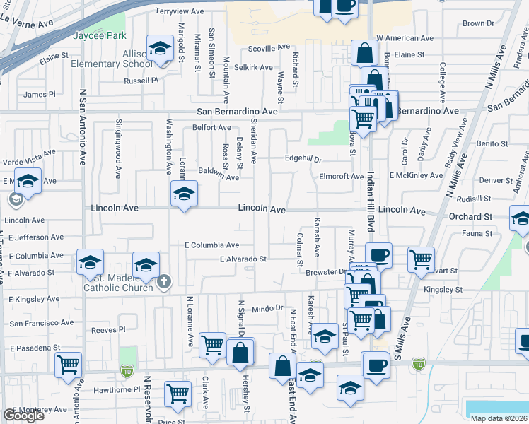 map of restaurants, bars, coffee shops, grocery stores, and more near 1212 Lincoln Avenue in Pomona