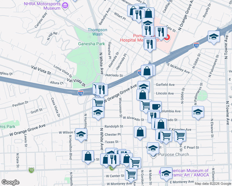 map of restaurants, bars, coffee shops, grocery stores, and more near 444 Kenoak Drive in Pomona