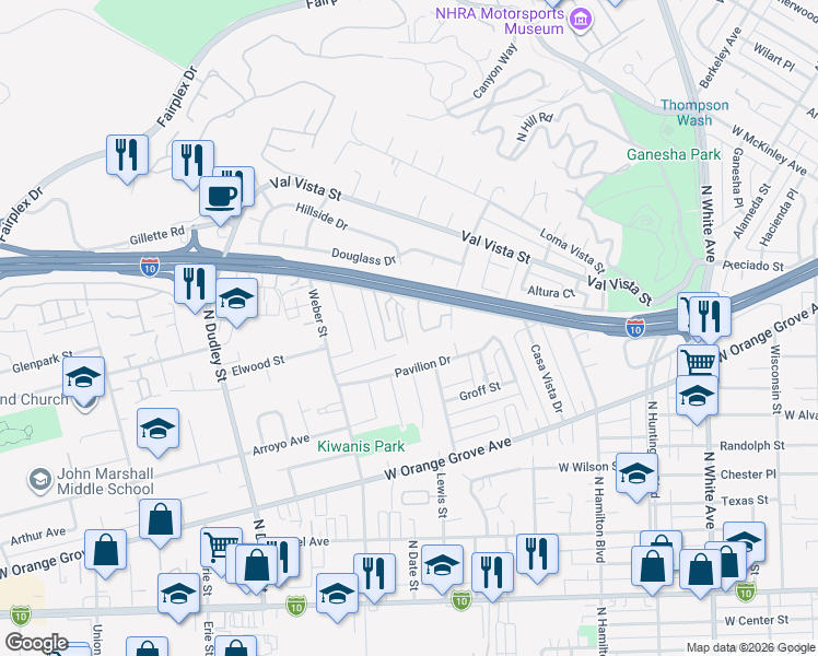 map of restaurants, bars, coffee shops, grocery stores, and more near 1116 Murchison Avenue in Pomona