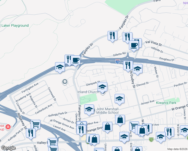 map of restaurants, bars, coffee shops, grocery stores, and more near 1750 Terrace Lane in Pomona
