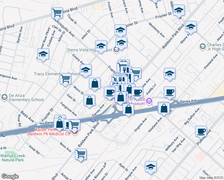 map of restaurants, bars, coffee shops, grocery stores, and more near 13449 Tracy Street in Baldwin Park