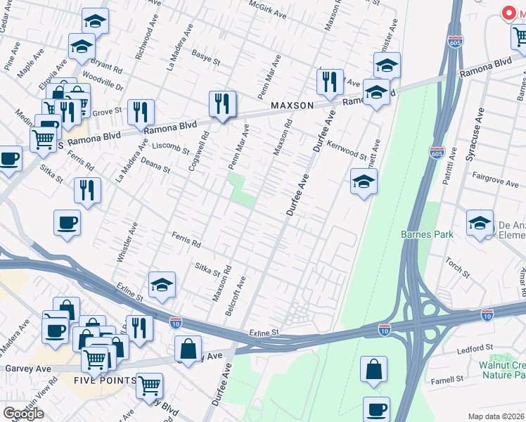 map of restaurants, bars, coffee shops, grocery stores, and more near 3812 Maxson Road in El Monte