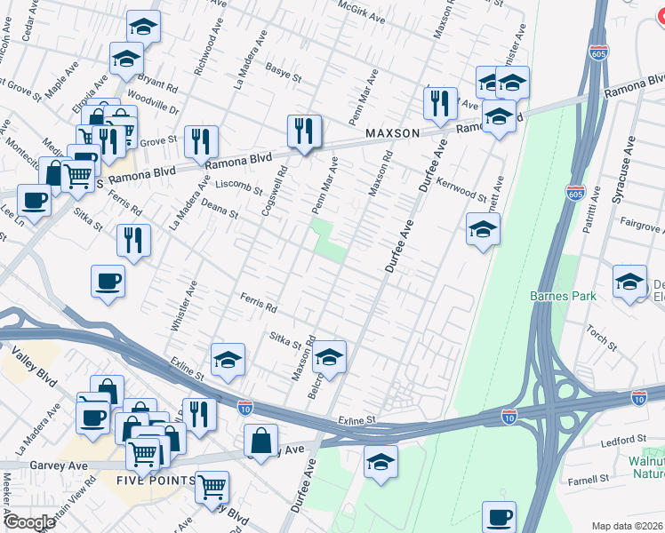 map of restaurants, bars, coffee shops, grocery stores, and more near 12136 Deana Street in El Monte