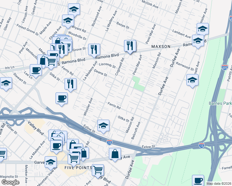 map of restaurants, bars, coffee shops, grocery stores, and more near 3714 Cogswell Road in El Monte