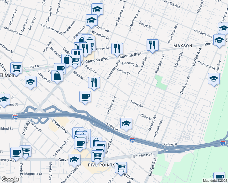 map of restaurants, bars, coffee shops, grocery stores, and more near 3587 Whistler Avenue in El Monte