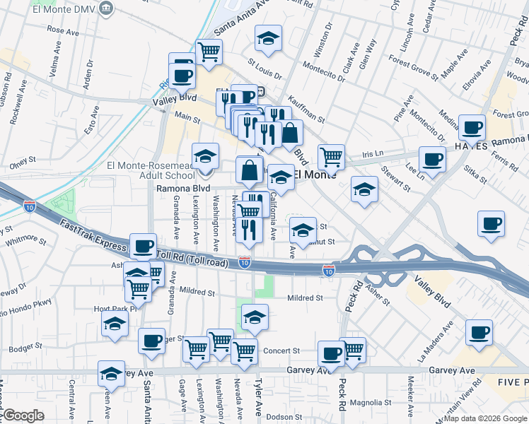map of restaurants, bars, coffee shops, grocery stores, and more near 3419 California Avenue in El Monte