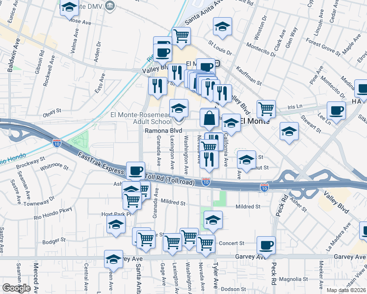 map of restaurants, bars, coffee shops, grocery stores, and more near 3420 Washington Avenue in El Monte