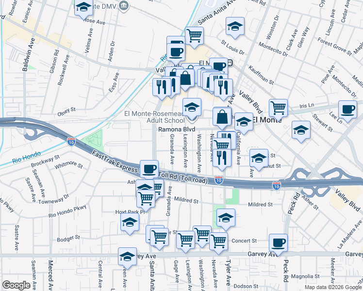map of restaurants, bars, coffee shops, grocery stores, and more near 3425 Lexington Avenue in El Monte