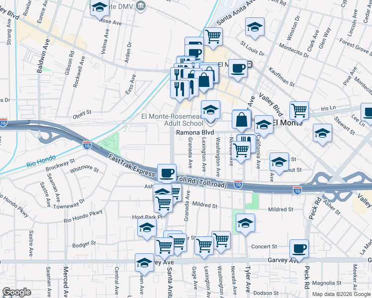 map of restaurants, bars, coffee shops, grocery stores, and more near 3419 Granada Avenue in El Monte