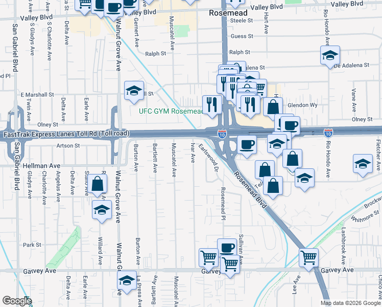 map of restaurants, bars, coffee shops, grocery stores, and more near 3442 Ivar Avenue in Rosemead
