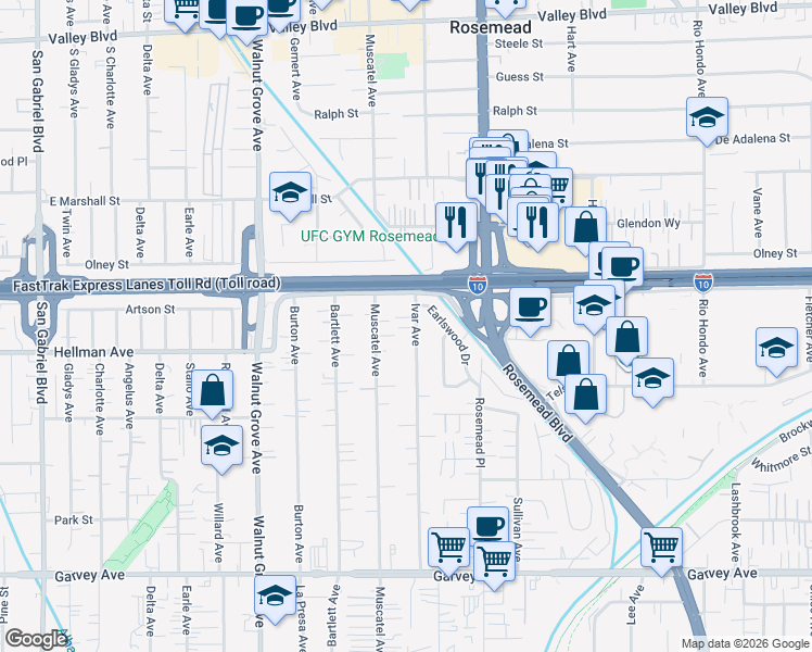 map of restaurants, bars, coffee shops, grocery stores, and more near 3442 Ivar Avenue in Rosemead