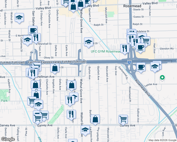 map of restaurants, bars, coffee shops, grocery stores, and more near 8619 Hellman Avenue in Rosemead