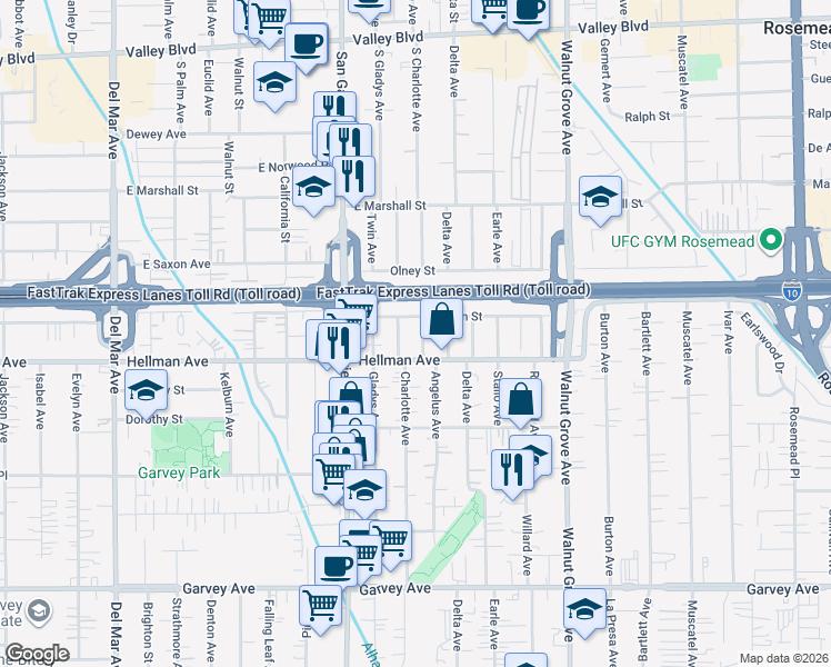 map of restaurants, bars, coffee shops, grocery stores, and more near 3436 Charlotte Avenue in Rosemead
