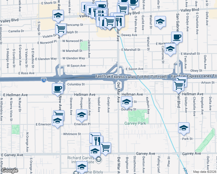 map of restaurants, bars, coffee shops, grocery stores, and more near 7714 Columbia Street in Rosemead