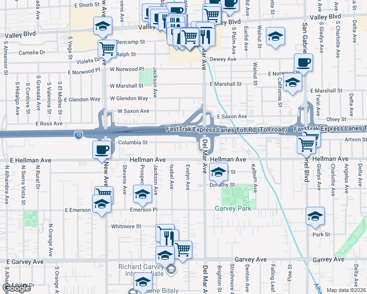 map of restaurants, bars, coffee shops, grocery stores, and more near 7714 Columbia Street in Rosemead