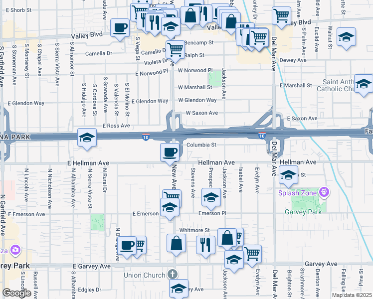 map of restaurants, bars, coffee shops, grocery stores, and more near 7434 Columbia Street in Rosemead