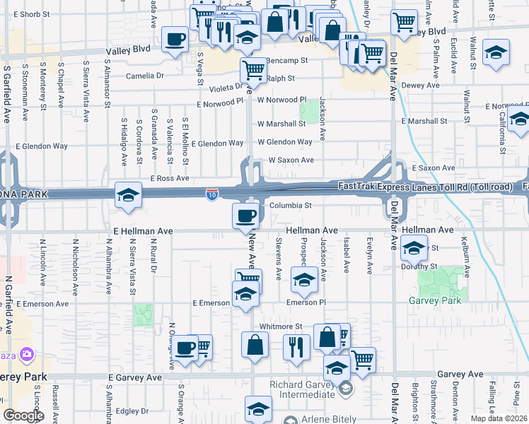 map of restaurants, bars, coffee shops, grocery stores, and more near 7434 Columbia Street in Rosemead