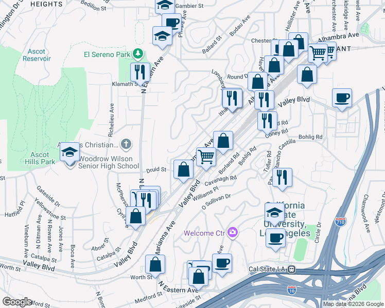 map of restaurants, bars, coffee shops, grocery stores, and more near 5063 Alhambra Avenue in Los Angeles