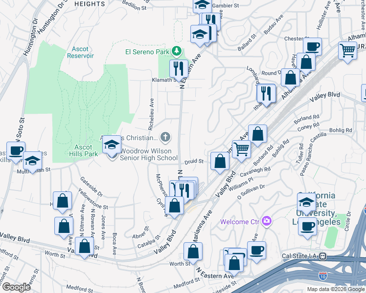 map of restaurants, bars, coffee shops, grocery stores, and more near 2250 North Eastern Avenue in Los Angeles