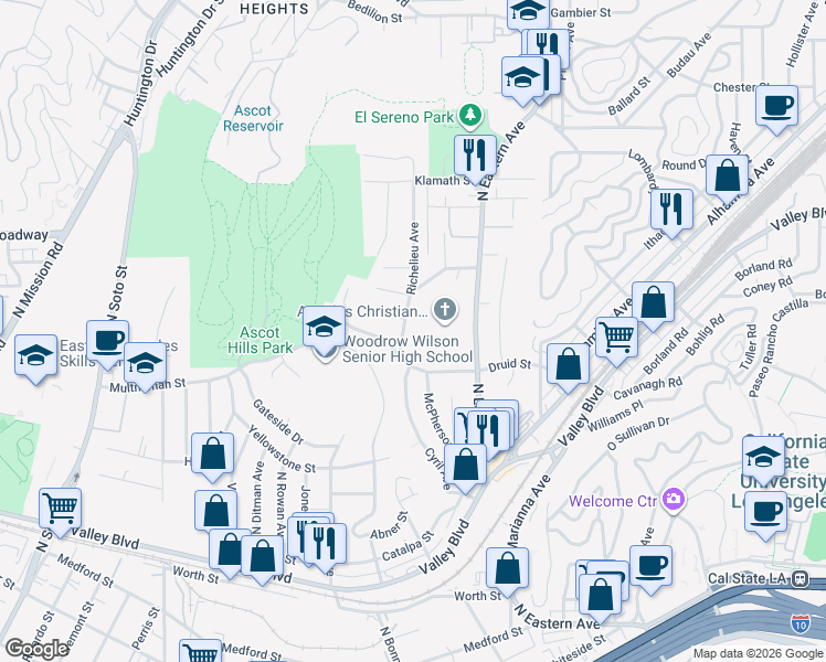 map of restaurants, bars, coffee shops, grocery stores, and more near 2237 Richelieu Avenue in Los Angeles