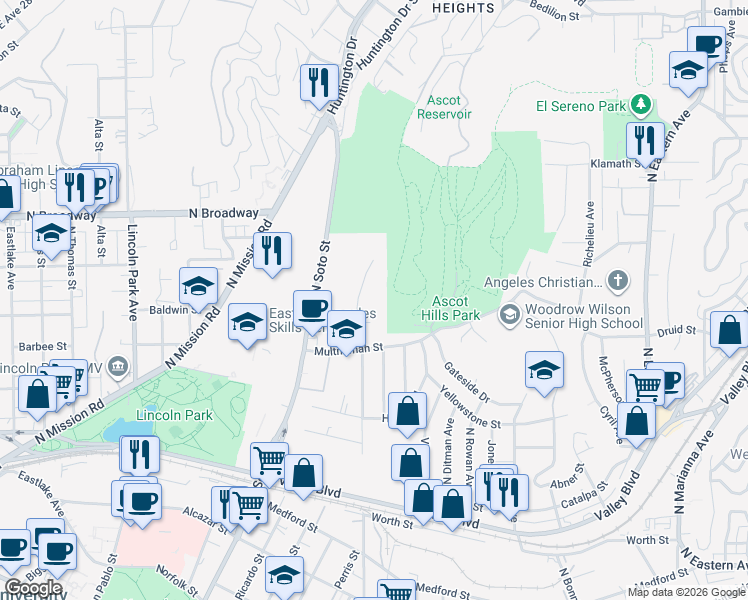 map of restaurants, bars, coffee shops, grocery stores, and more near 2306 North Indiana Avenue in Los Angeles
