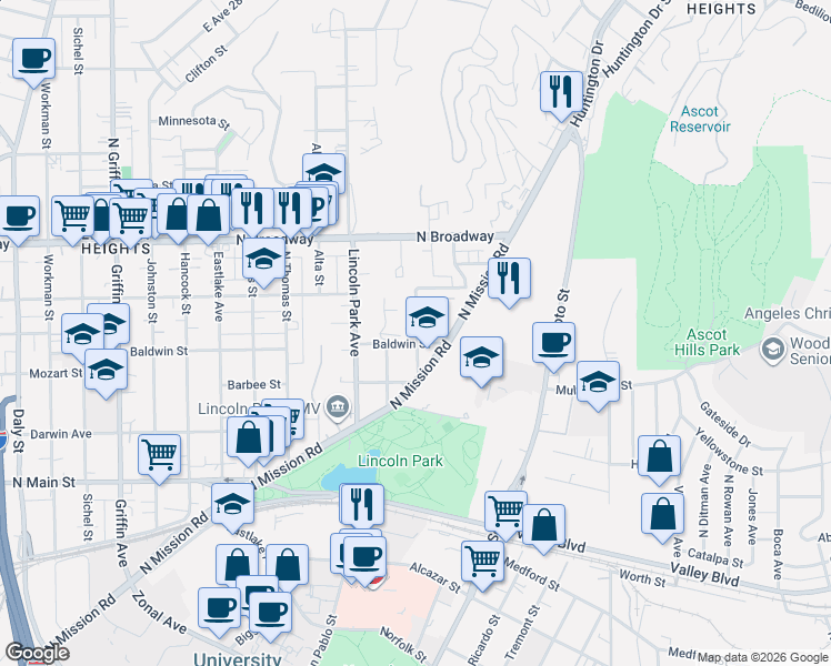 map of restaurants, bars, coffee shops, grocery stores, and more near 2212 Parkside Avenue in Los Angeles