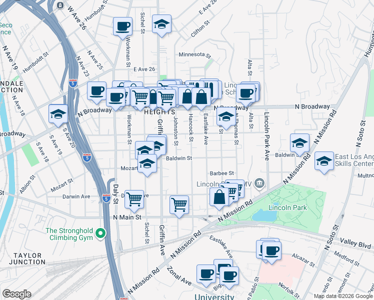 map of restaurants, bars, coffee shops, grocery stores, and more near 2234 Hancock Street in Los Angeles