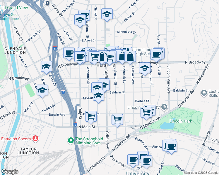 map of restaurants, bars, coffee shops, grocery stores, and more near 2227 Johnston Street in Los Angeles