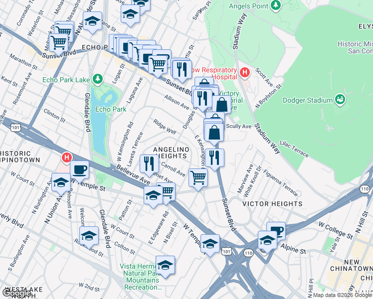 map of restaurants, bars, coffee shops, grocery stores, and more near 938 East Edgeware Road in Los Angeles